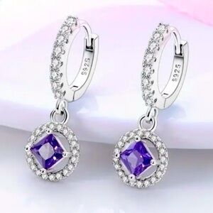 925 Sterling Silver Drop Paved Purple Zirconia Hypoallergenic Earrings - New